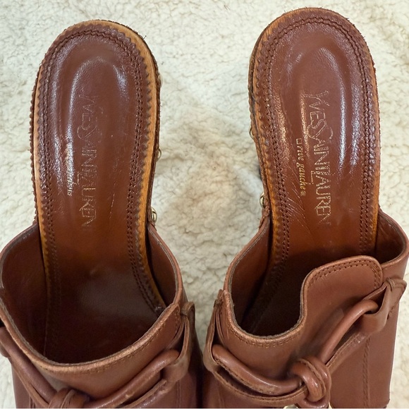 YSL Wood Heel Platform upper leather bow slides 37 - Picture 13 of 13